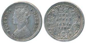 Victoria Empress, Silver 2 Annas, 1880, Calcutta Mint, B / II / C incuse, (Prid 495). Very