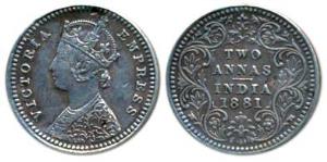 Victoria Empress, Silver 2 Annas, 1881, Bombay Mint B / II / dot, (Prid 524). Very Fine, R