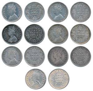 Victoria Empress, Silver 2 Annas (7), 1882, 1884, 1887, 1892, 1893, 1894 and 1897. Fine+ t