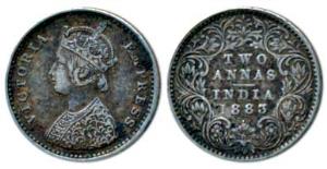 Victoria Empress, Silver 2 Annas, 1883, Bombay Mint, A / I / dot, (Prid 529). Very Fine+.