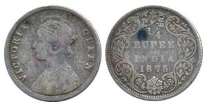 Victoria Queen, Silver ¼ Rupee, 1875, Bombay Mint, A / I No mint mark. About Very Fine.