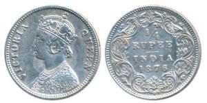 Victoria Queen, Silver ¼ Rupee, 1876, Calcutta Mint, A / I / No mint mark, (Prid 381). Ext