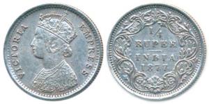 Victoria Empress, Silver ¼ Rupee, 1877, Bombay Mint, B / I / dot, (Prid 409). Very Fine+, 