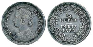 Victoria Empress, Silver ¼ Rupee, 1882, Calcutta Mint, C / II / C incuse, (Prid 387). Very