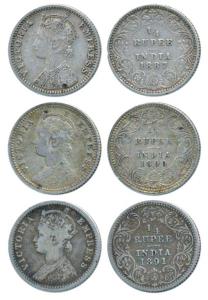 Victoria Empress, Silver ¼ Rupee (3), 1887, 1890 and 1891. About Very Fine to Very Fine+. 