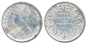 Victoria Queen, Silver ½ Rupee, 1874, Bombay Mint, B2 / II / Dot, (Prid 285). Some corrosi