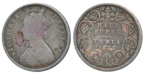 Victoria Empress, Silver ½ Rupee, 1878, Calcutta Mint, A / I / No mint mark, (Prid 262). F