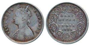 Victoria Empress, Silver ½ Rupee, 1886, Calcutta Mint, A / I / C incuse, (Prid 270). Very 