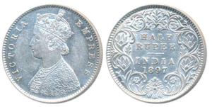 Victoria Empress, Silver ½ Rupee, 1897, Calcutta Mint, A / I / C incuse (Prid 280). Very F