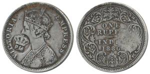 Victoria Empress, Silver Rupee, 1880, Bombay Mint, a crown and initials ’PM’ for Portugues
