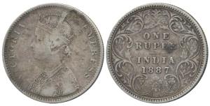 Victoria Empress, Silver Rupee, 1887, A3 / I / inverted ’B’ incuse. About Very Fine, Rare.