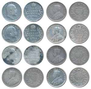 Edward VII & George V, Silver 2 Annas (8), 1905, 1907, 1910, 1912, 1913, 1915, 1916 and 19