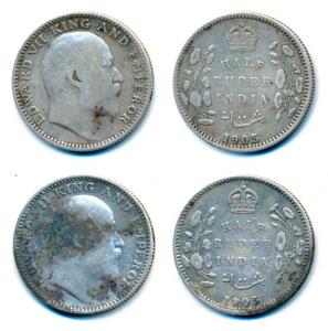 Edward VII, Silver ½ Rupee (2), 1905, Calcutta Mint. Fine to Fine+. (2)