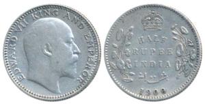 Edward VII, Silver ½ Rupee, 1909, Calcutta Mint, No mint mark (Prid 313). Very Fine, Scarc