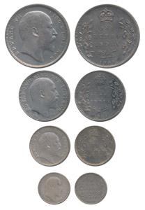 Edward VII, set of 4, Silver Rupee, ½ Rupee, ¼ Rupee, 2 Annas, 1908. Fine+ to Extremely Fi