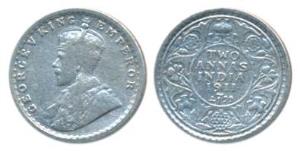 George V, Silver 2 Annas, 1911, Calcutta Mint (Prid 564). About Very Fine, Rare.