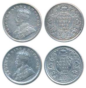 George V, Silver 2 Annas, 1911, Calcutta Mint, (Prid 564); 1915, Bombay Mint, (Prid 574). 