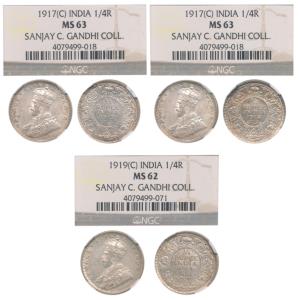 George V, Silver ¼ Rupee (3), 1917, 1918 and 1919. NGC graded MS62 & MS63. (3)
