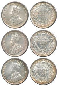 George V, Silver ½ Rupee (3), 1933, 1934 and 1936. Uncirculated, Scarce. (3)