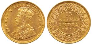 George V, Gold 15 Rupees, 1918, Bombay Mint, (KM 525). Extremely Fine, Very Rare.