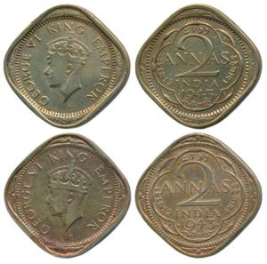 George VI, Cupro-Nickel 2 Annas, 1943,Bombay Mint, 2nd head, dot before and after the date