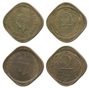 George VI, Nickel-Brass, 2 Annas, 1944, Bombay Mint, 2nd head, dot before and after the da