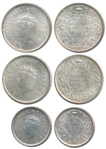 George VI, Silver ½ Rupee (2), 1938 and 1939; ¼ Rupee, 1939. About Very Fine to Very Fine+