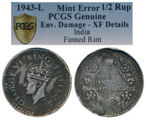 George VI, Half Silver ½ Rupee, 1943, Lahore Mint, B / Ia / L, Reeded Edge and Error - the