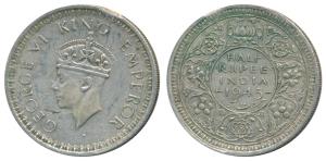 George VI, Half Silver ½ Rupee, 1945, Lahore Mint, Large 5, L mint mark below on rev. Edge