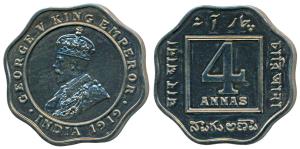 George V, Cupro-Nickel Proof Restrike 4 Annas, 1919, Calcutta Mint, (SW 8.183). Proof Rest