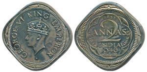 George VI, Cupro-Nickel Proof Restrike 2 Annas, 1946, Bombay Mint, (SW 9.137). Within HM M