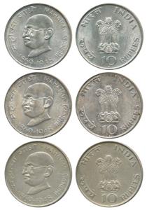 Silver Rupees 10 (3), 1969, Gandhiji Birth Centennial. Extremely Fine to Uncirculated. (3)