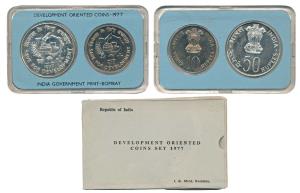 1977 Uncirculated Set, Save for Development, set of 2, Rupees 10 and 50. In immaculate con
