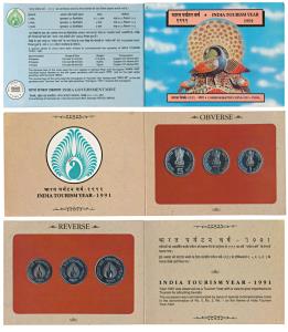 1991 Uncirculated Set, India Tourism Year, set of 3, Rupee 1 to 5. In immaculate condition