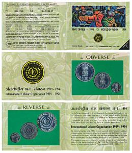 1994 Uncirculated Set, World of work, set of 3, Rupees 5 to 100. In immaculate condition, 