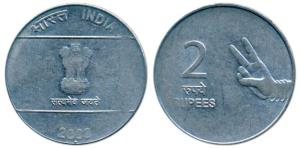 Rupees 2, 2008, Noida Mint, Mule, the obv. of a Rupees 10 die. About Extremely Fine.