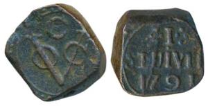 Ceylon, Copper Stuiver, 12.83g, C for Colombo Mint over VOC monogram, 1791 AD (KM 26). Ver