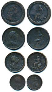 Great Britain, George III, Copper Cartwheel Penny, 1797; Copper Penny, ½ Penny and Farthin