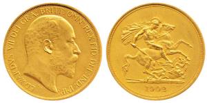 Great Britain, Edward VII, Gold 5 Pounds, 40g, St. George slaying a dragon on rev., 1902. 