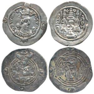 Sasanian Empire, Silver Drachm (2), Hormazd IV (579-590 AD), 4.09g, APR (Aprashahr) Mint; 