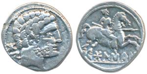 Spain, Iberia, Bolskan (c. 150-100 BC), Silver Denarius, 4g, obv. bearded head to right, I