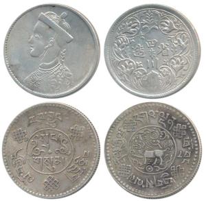 Tibet, Silver Rupee, 11.23g, bust on obv.; Silver 3 Srang, lion to left on obv. Very Fine+