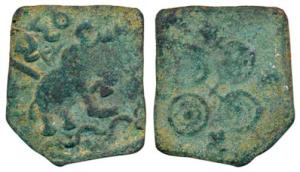 Satavahanas, Sri Sadakarni, Copper Unit, 3.07g, ‘Pusad Hoard’ Type, an elephant with uprai