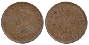 Jaswant Singh (1890-1918 AD), George V, Copper ¼ Anna, 1912. Extremely Fine, Scarce.