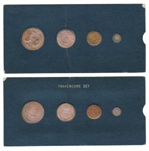 Bala Rama Varma VI (ME 1062-1101, 1885-1924 AD), Set of 4, Copper Chukram, 8 Cash, 4 Cash 