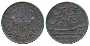 Copper 5 Cash, coat of arms of the EIC and date 1803 on obv., value in English on rev. (KM
