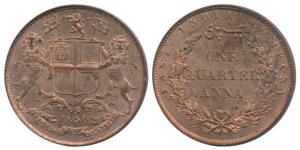 Copper ¼ Anna, 1858, Birmingham Mint, Wreath tips-single leaves, J. Watt and Co, (Prid 156