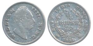 William IV, Silver ¼ Rupee, 1835, Calcutta Mint, F incuse, Wreath with 20 Berries (10L+10R