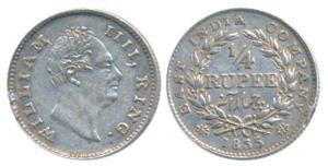 William IV, Silver ¼ Rupee, F incuse, Wreath with 20 Berries, no dot after date. Slight ed