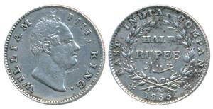 William IV, Silver ½ Rupee, 1835, Calcutta Mint, F incuse, 20 Berries, (Prid 69). Very Fin